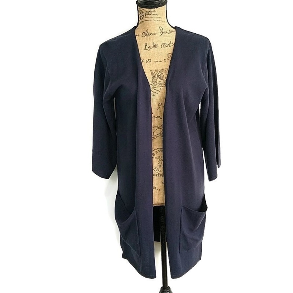 Susan Graver Navy Open Front Cardigan Sweater 3/4 Sleeve Pocket Cozy sz M‎